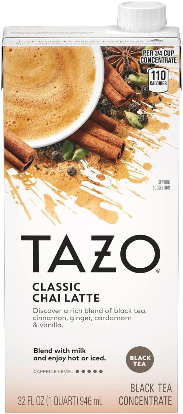 TAZO Classic Chai Latte Concentrate 32 oz Carton - Caffeinated Black Tea with Cinnamon, Ginger, Cardamom