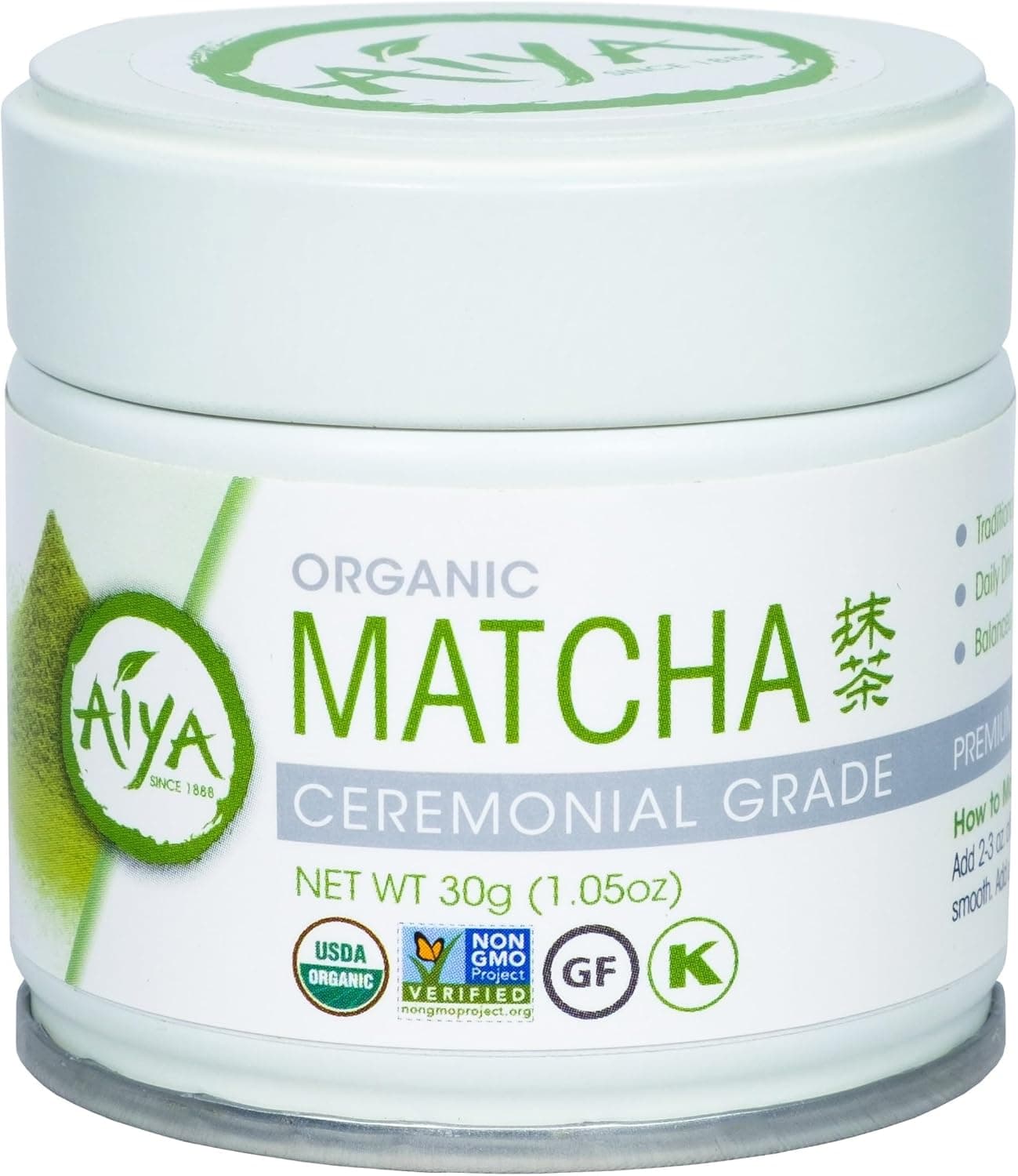 Aiya Organic Ceremonial Grade Matcha Powder, Vibrant Jade Green, Mild Natural Sweetness, 30g Tin