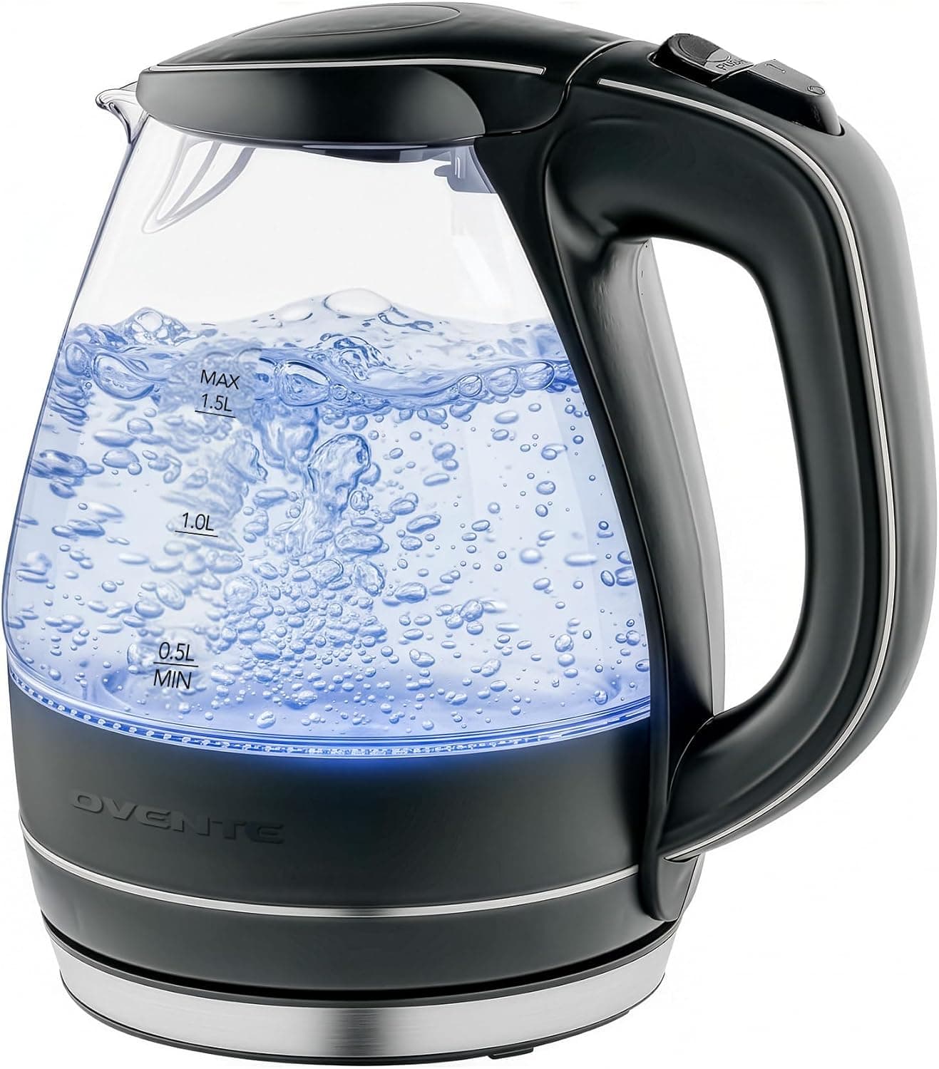 OVENTE 1.5L Glass Electric Kettle Water Boiler, Borosilicate Glass, BPA-Free, Blue LED, Auto Shut-Off, Removable Filter, Black KG83B