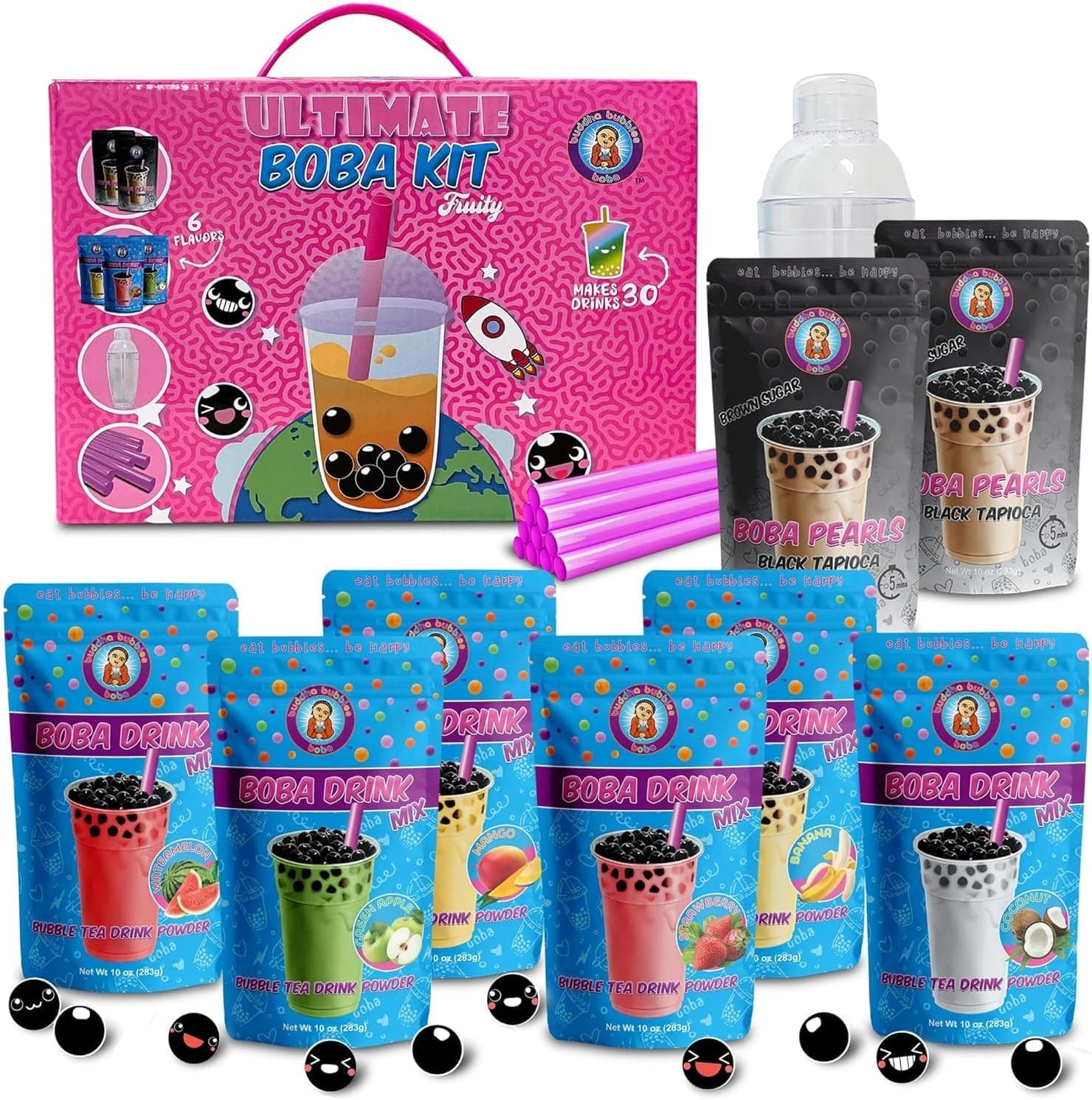 The Original Ultimate D.I.Y. Boba / Bubble Tea Kit Gift Box 6 Flavors, Boba Pearls, Straws and Shaker (Fruity)
