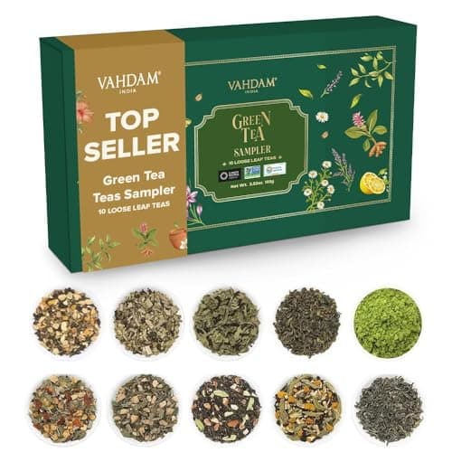 VAHDAM Green Tea Loose Leaf Sampler|10 Premium Teas in a Gift Box(50+ Cups) | Ideal Gift for Women/Men | Beautifully Packaged Collection of Long Leaf Green Teas from Himalayan Mountains |Holiday Tea Gift