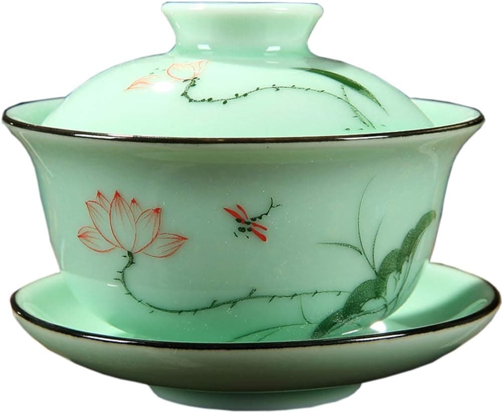 Mozentea Gaiwan, Traditional Chinese Ceramic Gai Wan Cup for Gongfu Tea Brewing (Lotus)