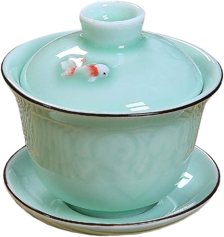 Ceramic Gai Wan Set, Gaiwan Tea Cup with Lid for Chinese Gongfu Tea Ceremony (Fish)