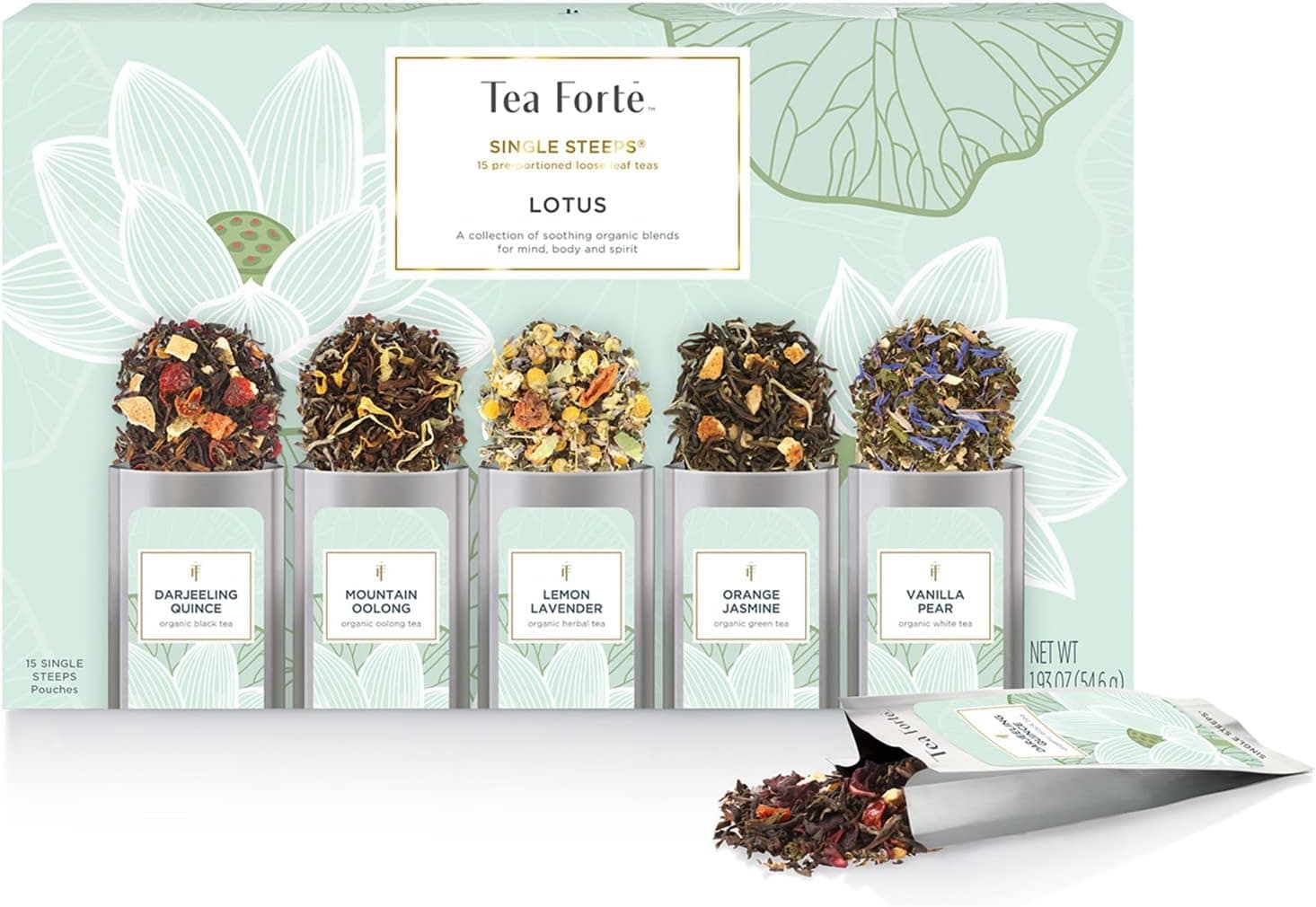 Tea Forte Single Steeps Loose Leaf Tea Sampler, Assorted Variety Tea Box, 15 Single Serve Pouches