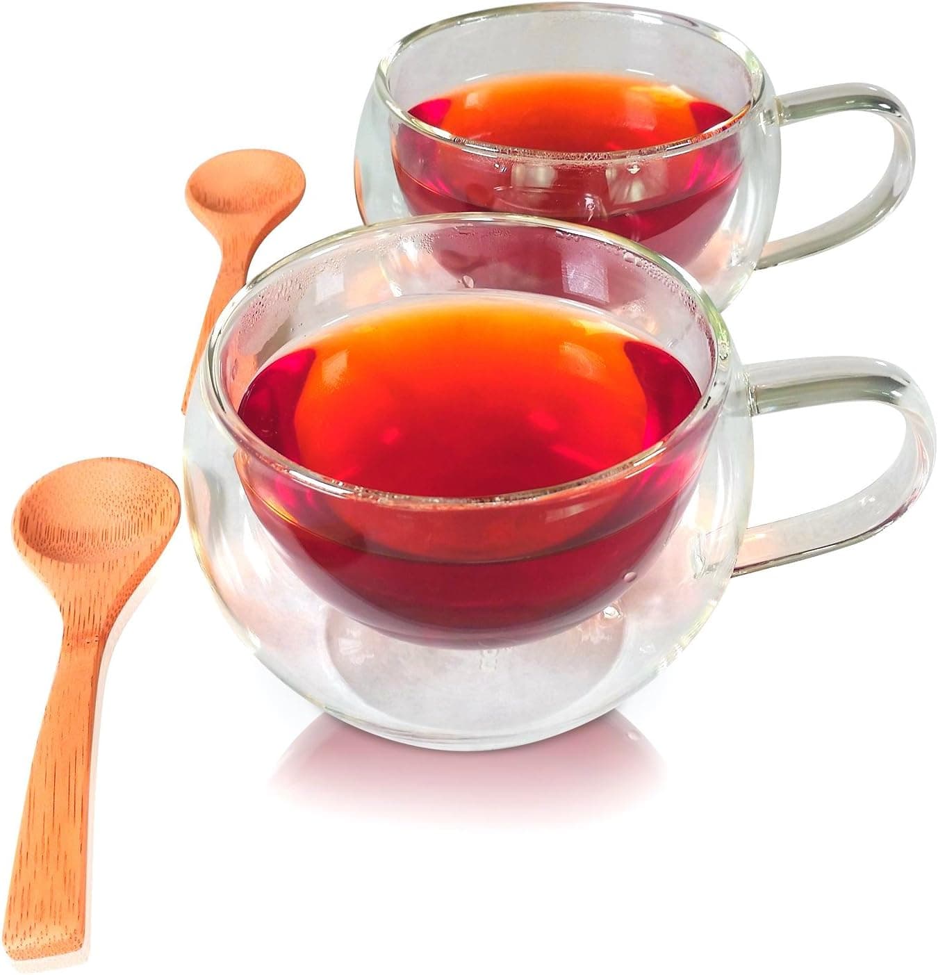 Princeton Wares Double Wall Insulated Clear Glass Tea Cup Mug 2-Pack 12oz with Bamboo Teaspoons