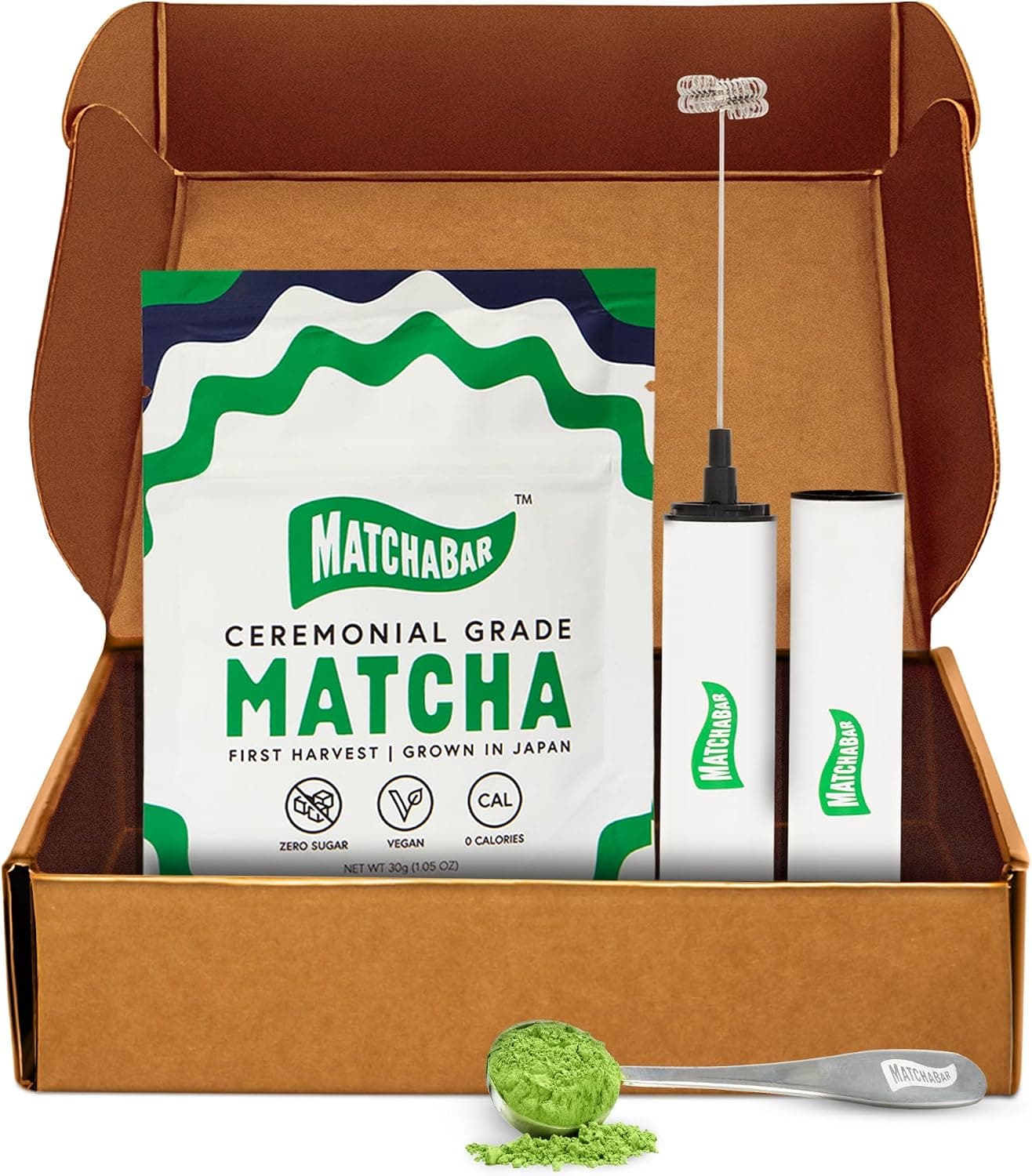 MatchaBar Matcha Starter Kit with Electric Whisk, 30g Ceremonial Grade Matcha, USB Hand Blender & Latte Spoon