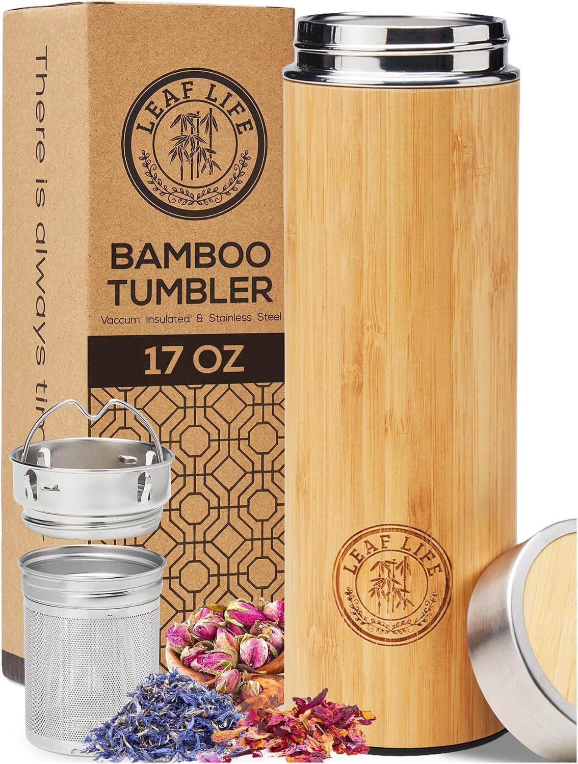 LeafLife Premium Bamboo Tea Bottle for Loose Tea - Insulated Tea Infuser Tumbler 17oz
