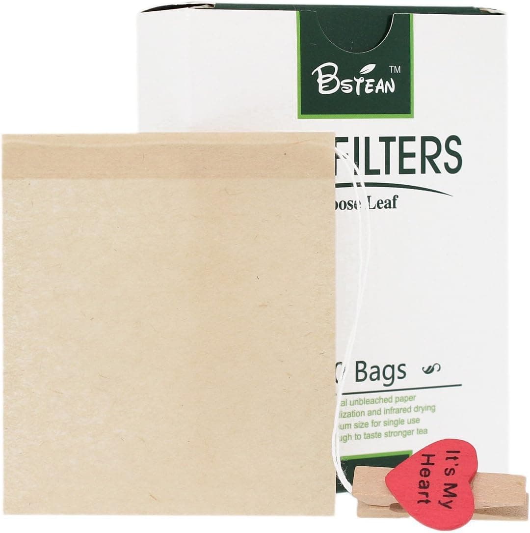 BSTEAN Tea Filter Bags Disposable Tea Infuser Drawstring, Natural Unbleached Paper, 100 PCS + Free Clip