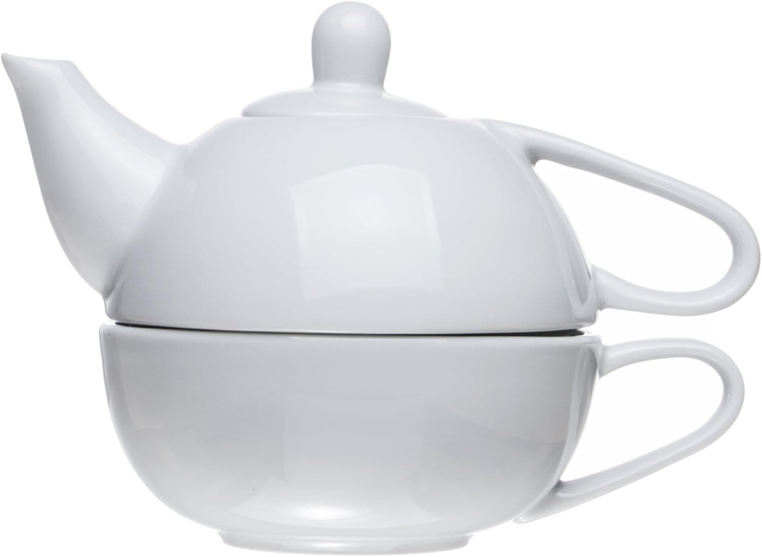 2 Pieces Stacked Teapot and Teacup for One (13.5 oz), White Porcelain
