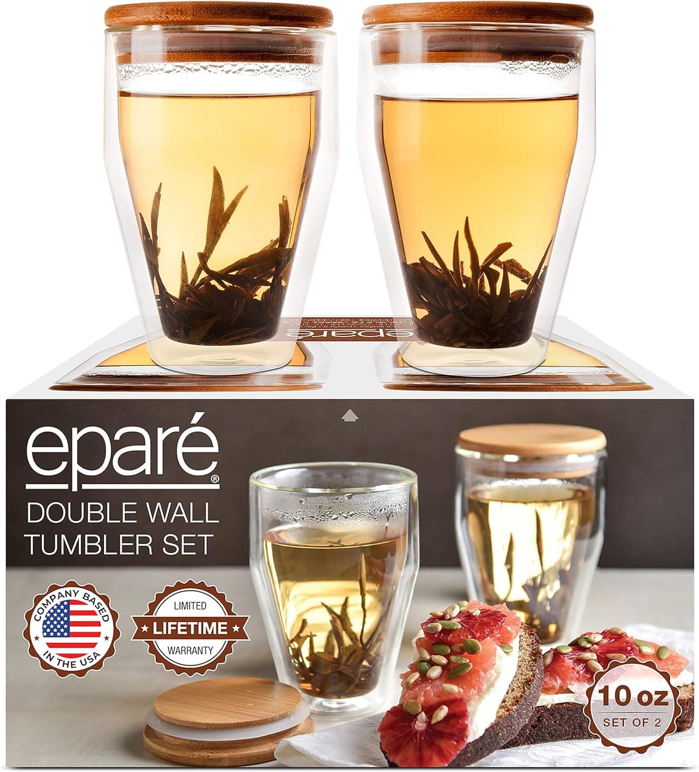 Epare Glass Tumbler & Lid 10oz Set of 2 Double Wall Insulated Clear Cups
