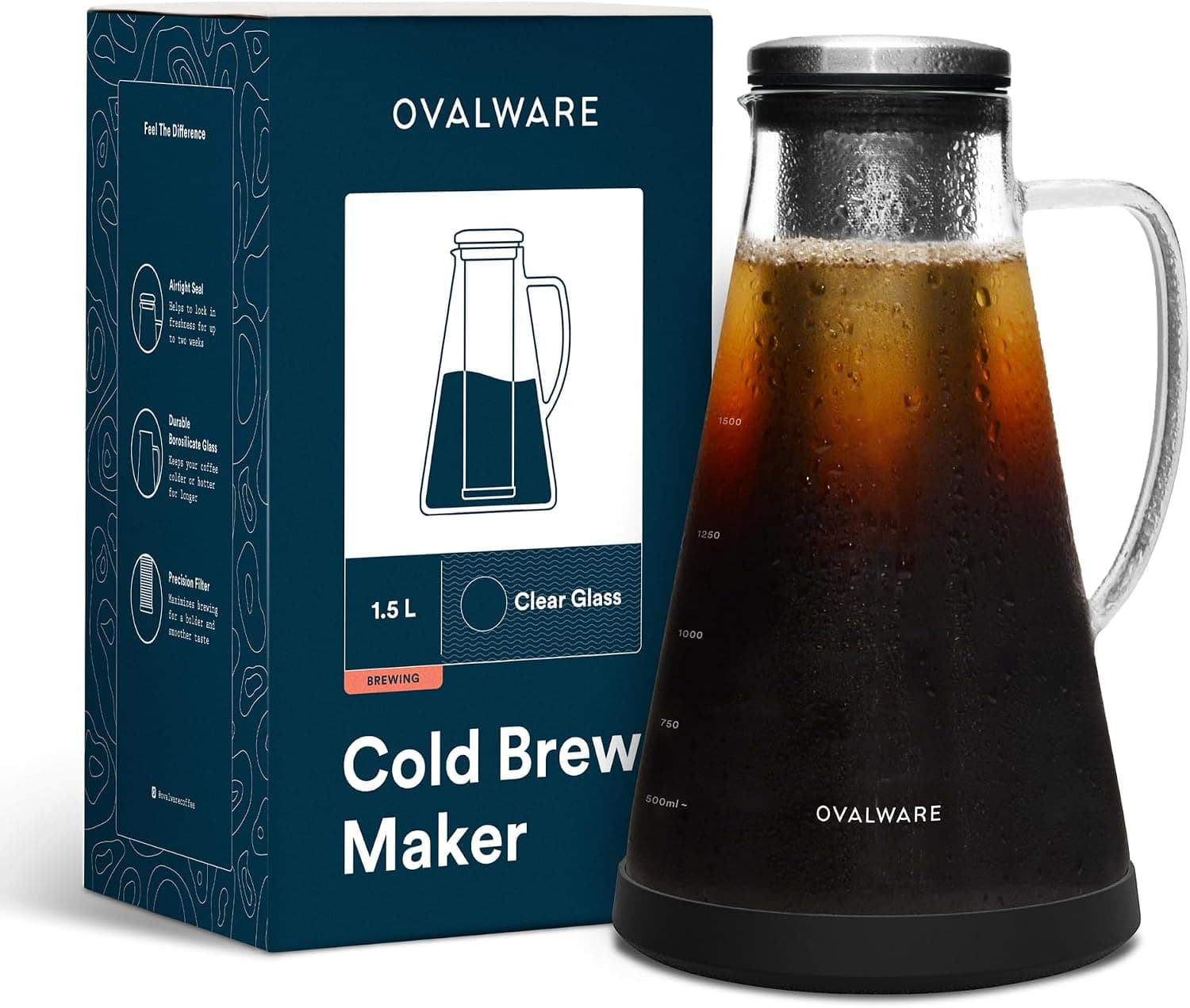 OVALWARE Airtight Cold Brew Iced Coffee Maker Pitcher (& Iced Tea Maker) with Spout, 1.5L/51oz Glass Carafe