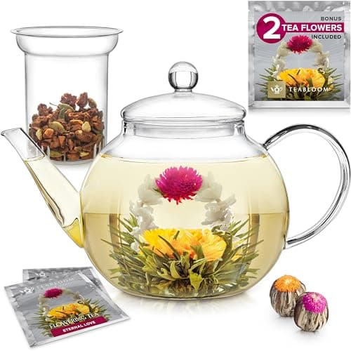 Teabloom Stovetop & Microwave Safe Glass Teapot with Removable Loose Tea Glass Infuser - Includes 2 Blooming Teas - 2-in-1 Tea Kettle and Tea Maker - Tea Purist's Choice