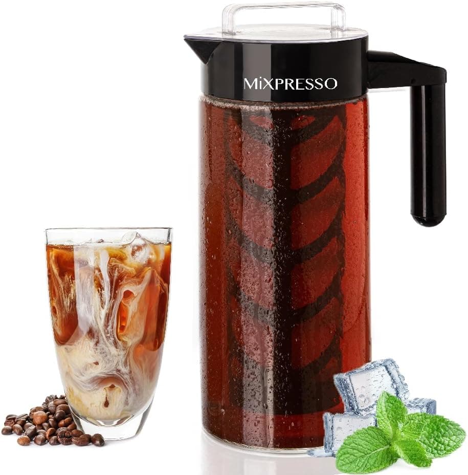 Mixpresso Cold Brew Maker for Iced Coffee and Iced Tea, Glass Pitcher, Tea Infuser, 44oz with Reusable Mesh Filter
