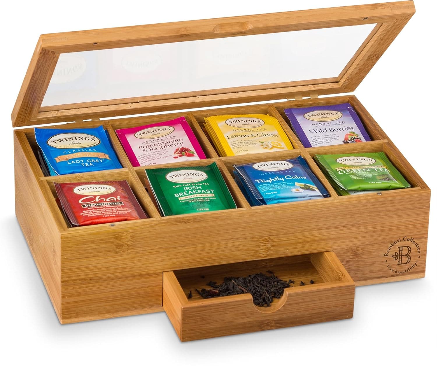 Bamboo Tea Box Organizer, 8-Compartment Tea Storage Box with Acrylic Lid and Magnetic Closure