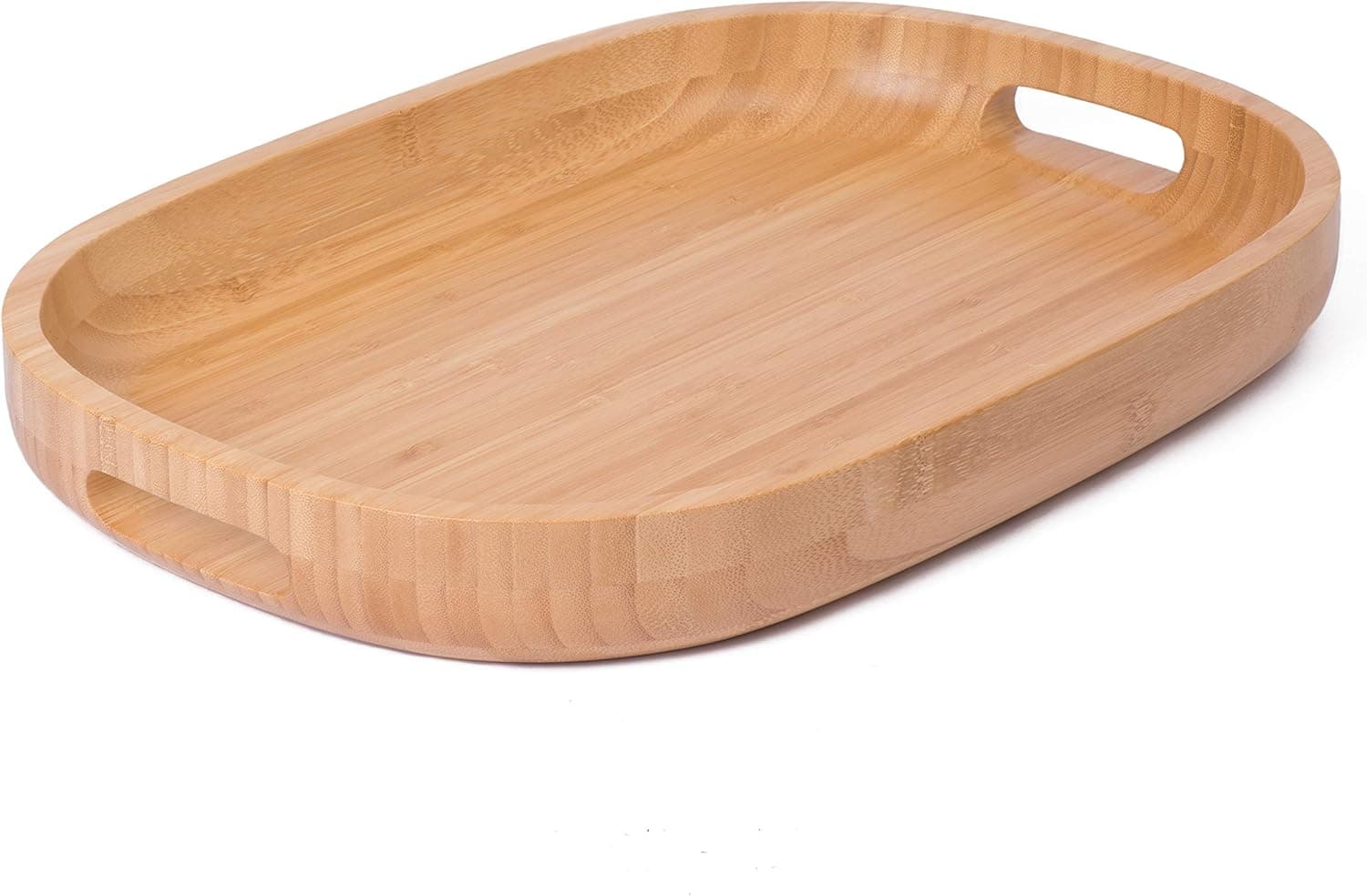 Bamboo Wood Serving Tray with Handles Rustic Oval Butler Tray 17L x 11.75W x 2H