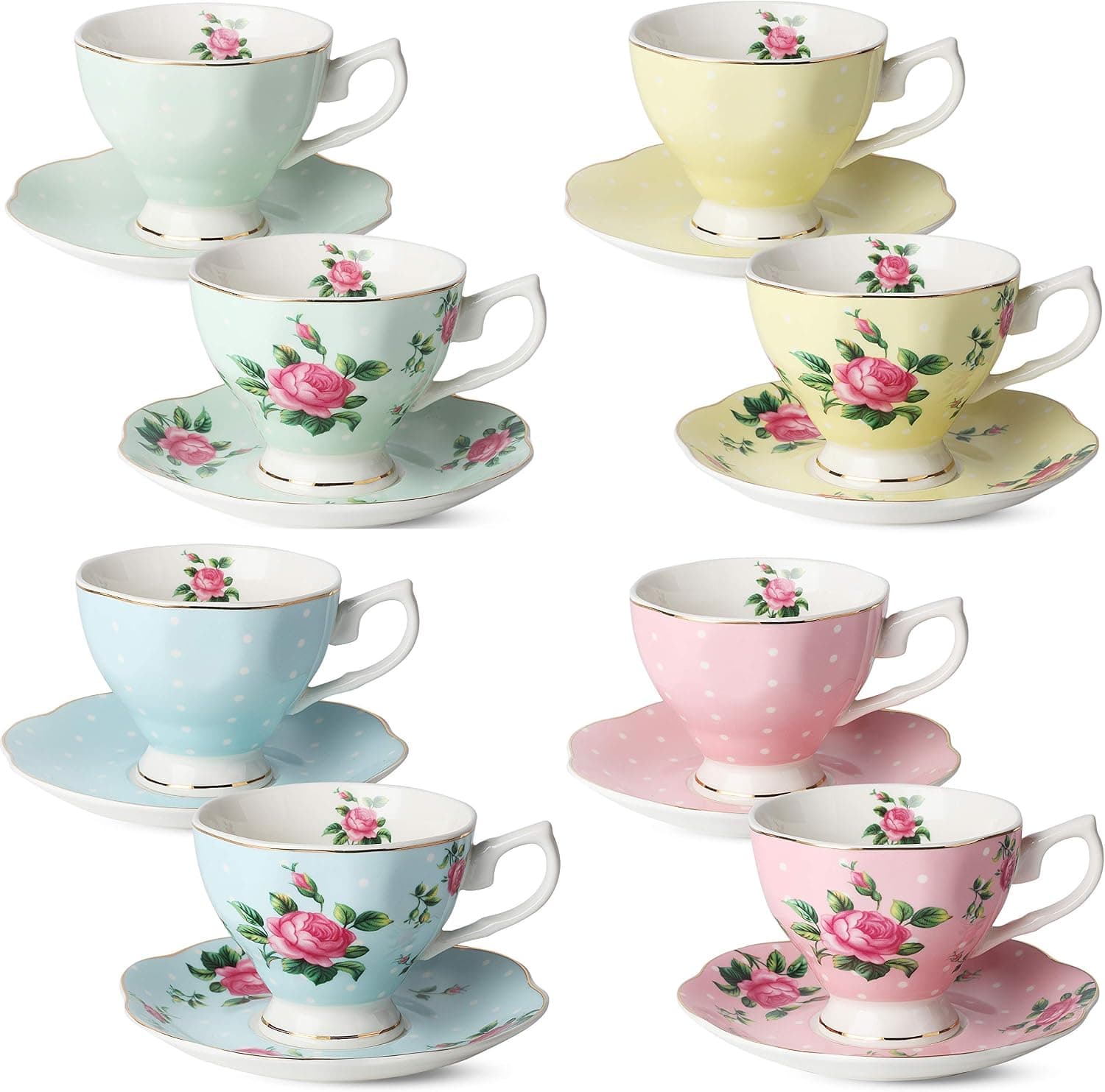 BTaT Floral Tea Cups and Saucers, Set of 8, 8 oz Fine Porcelain Gold Trim