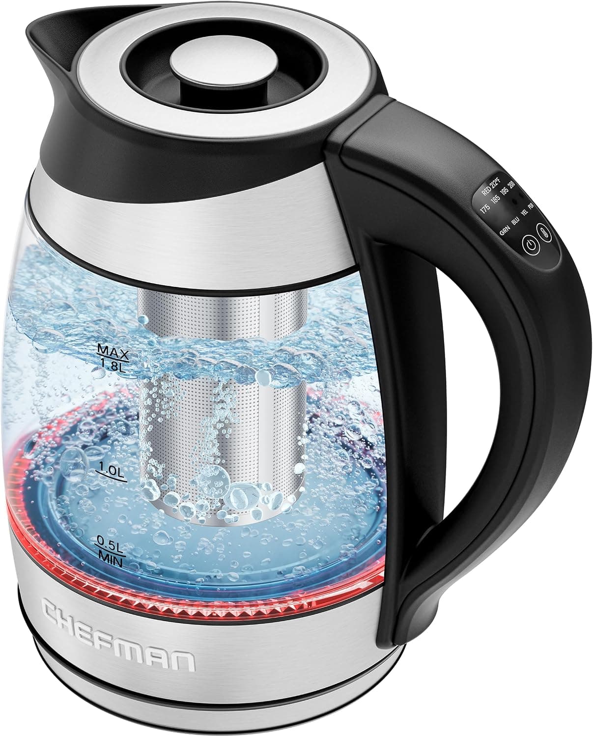 Chefman Electric Kettle with Temperature Control, 5 Presets LED, Removable Tea Infuser, Glass Tea Kettle & Hot Water Boiler, 360 Swivel Base, 1.8 Liters