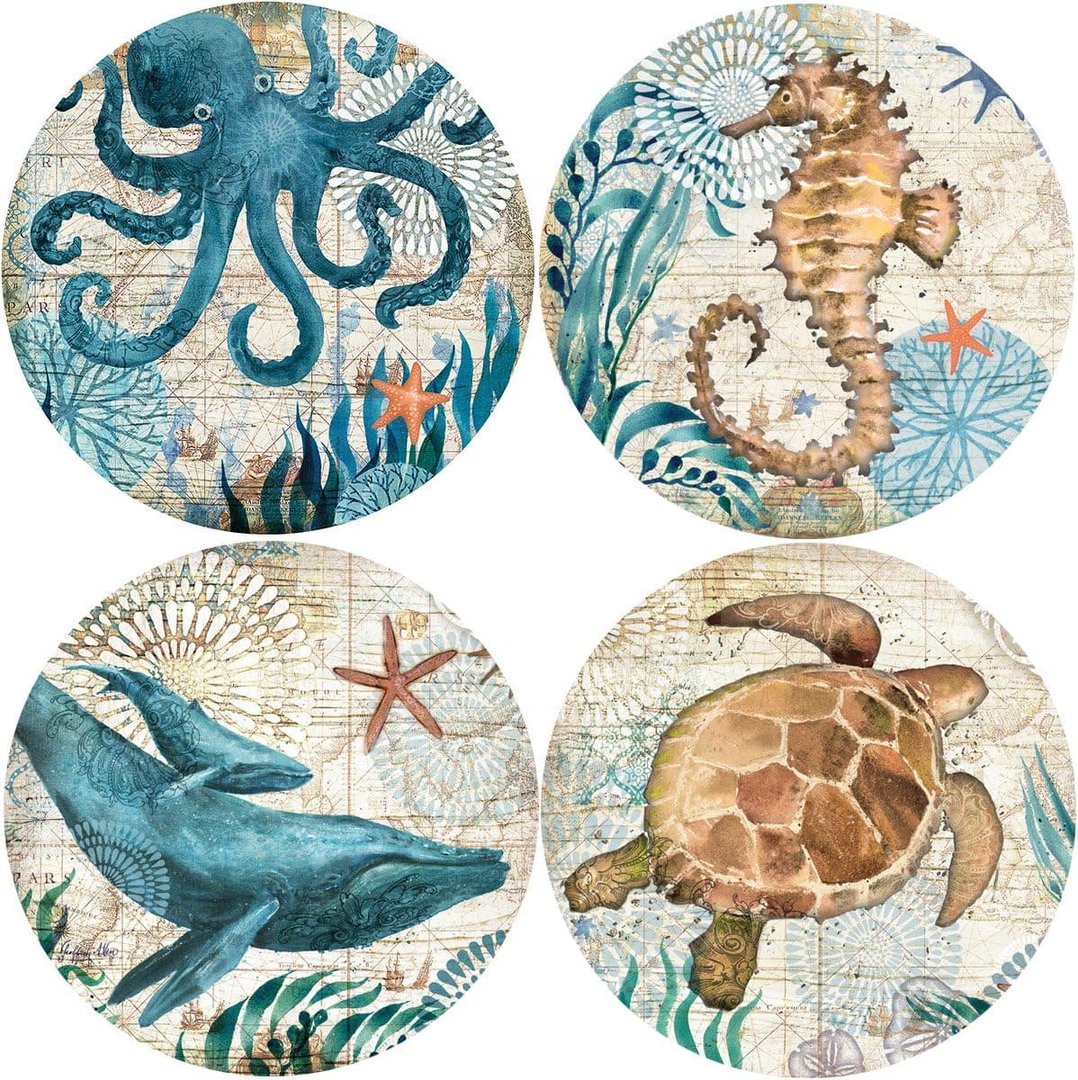 SUPCOW Round Ceramic Coasters, 4 Pack Absorbent Stone for Drinks, Marine Life
