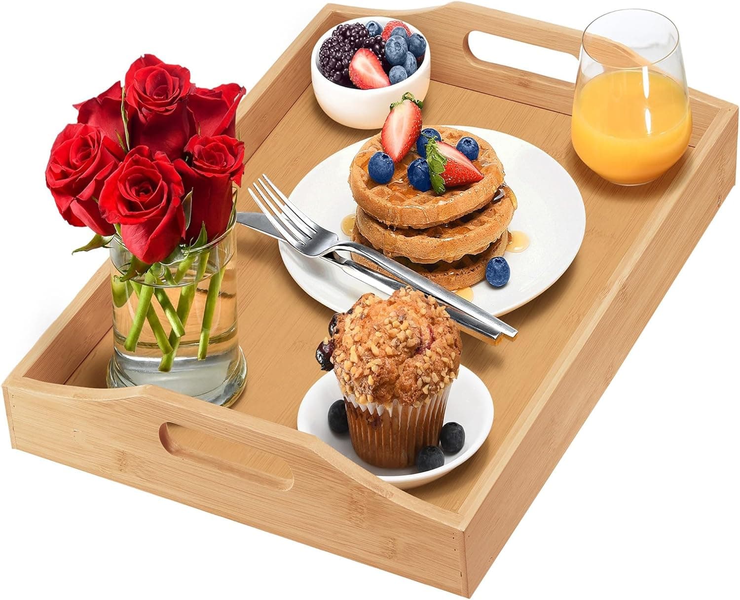 Home It Bamboo Ottoman Tray with Large Handles for Coffee Table, Tea, Breakfast