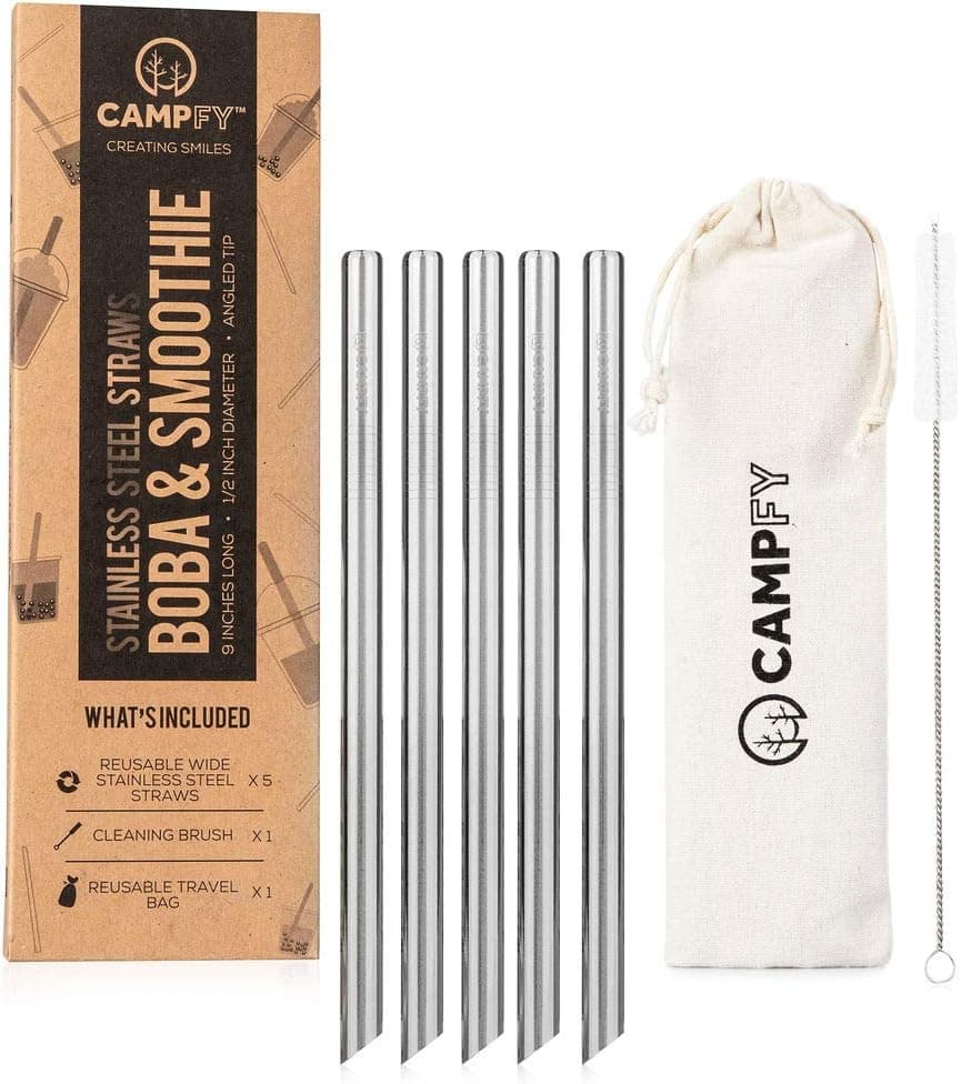 CAMPFY Stainless Steel Boba Straw Original Set: 5 Angled-Tip Straws & Cleaning Brush