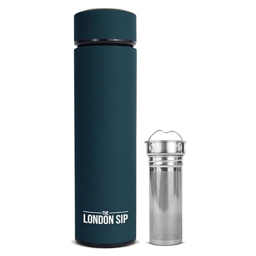 London Sip Multi-Purpose Tea Infuser Travel Mug and Tumbler Fruit Infuser Flask Hot and Cold Double Wall Stainless Steel Thermos with Extra-Long Infuser, Midnight Teal