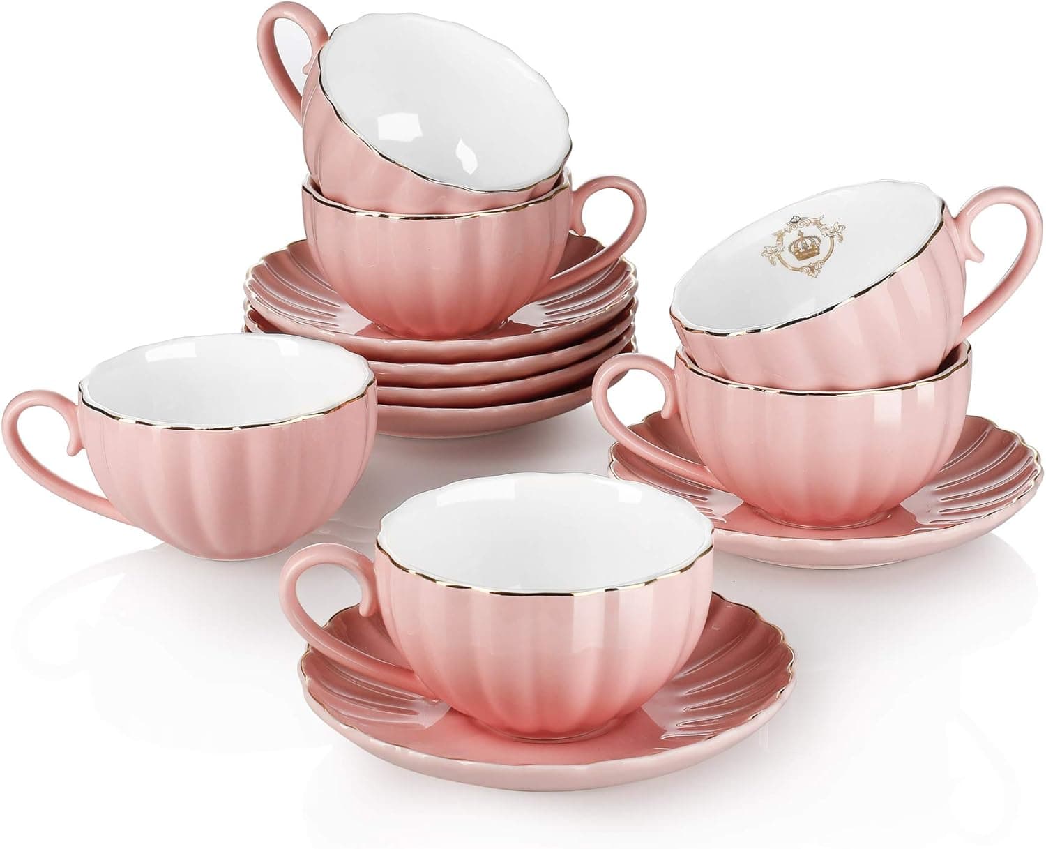 Amazingware Royal Tea Cups and Saucers with Gold Trim, Porcelain Tea Set of 6, Pink