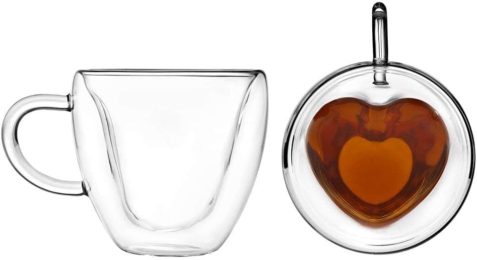 Tea Cup Heart Shaped Double Wall Insulated Clear Glass Tea and Coffee Cup 8.5 Ounces