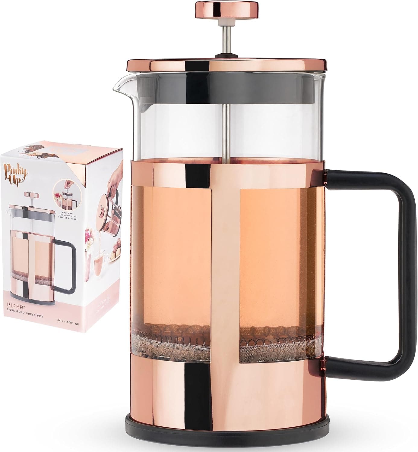Pinky Up Piper Tea Press Pot, French Press for Loose Leaf Tea, 34 oz, Rose Gold
