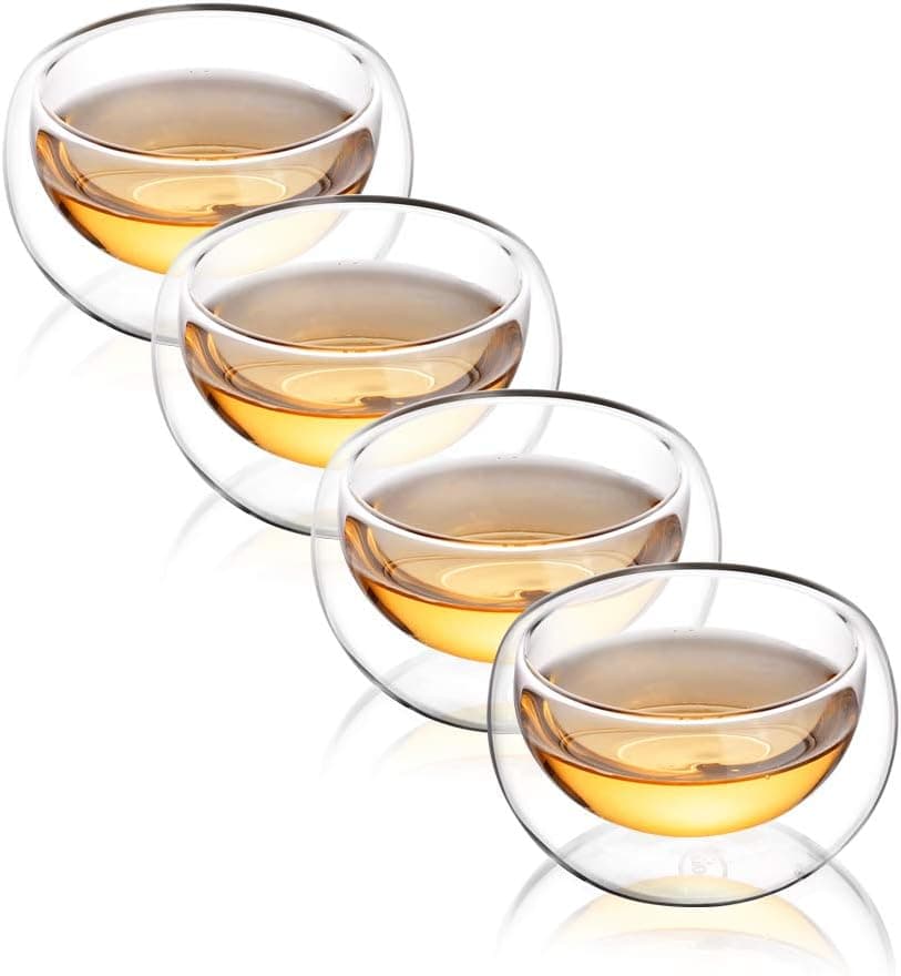 CNGLASS Tea Cups Set of 4 Double Wall Glass, 5.1oz Asian Insulated Clear Teacups