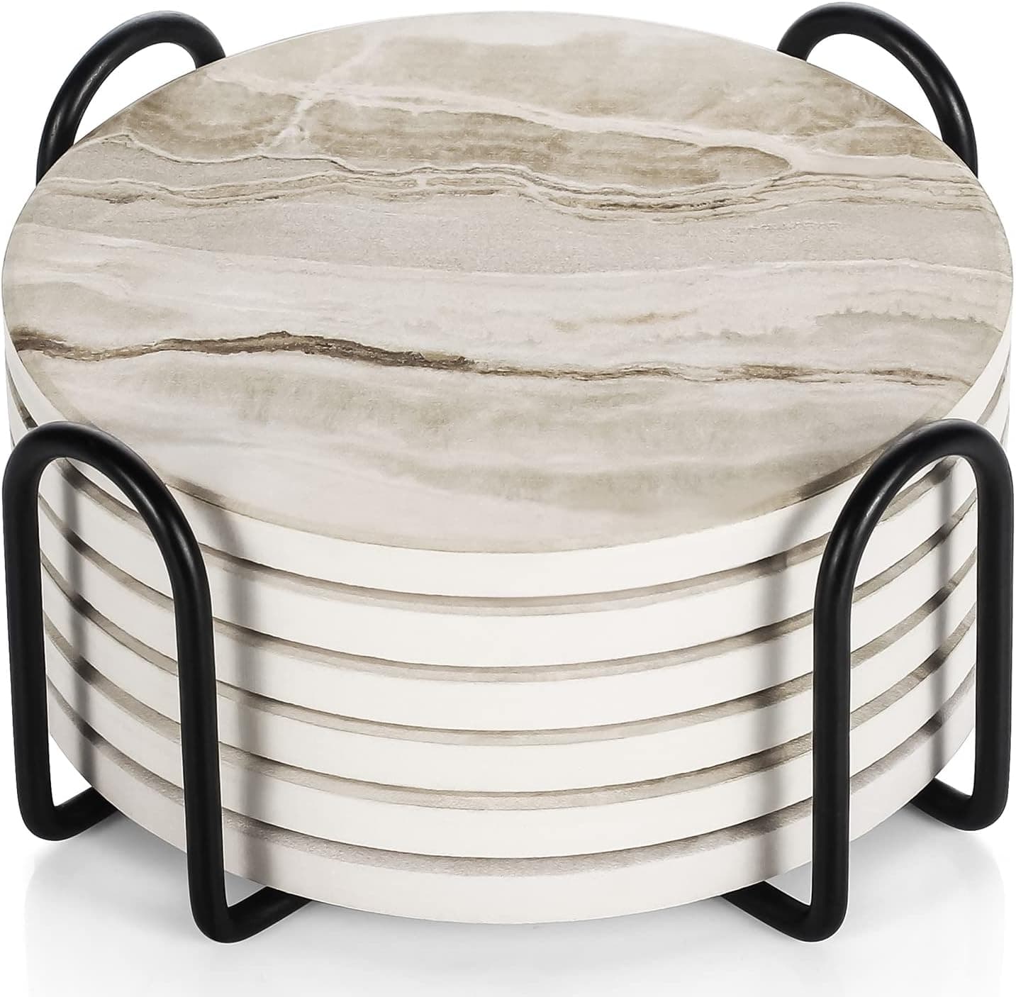 LIFVER Coasters Set of 6 Absorbent Stone with Holder, Black Marble Style Ceramic