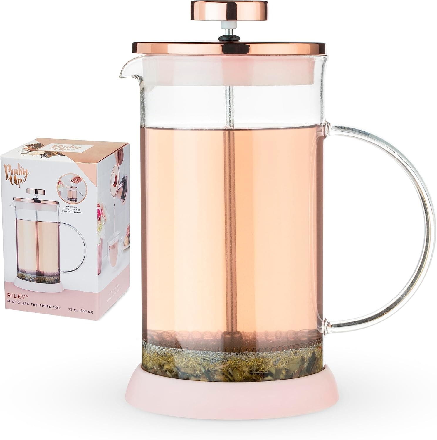 Pinky Up Riley Mini Glass Tea Press Pot, 12 oz, Pink