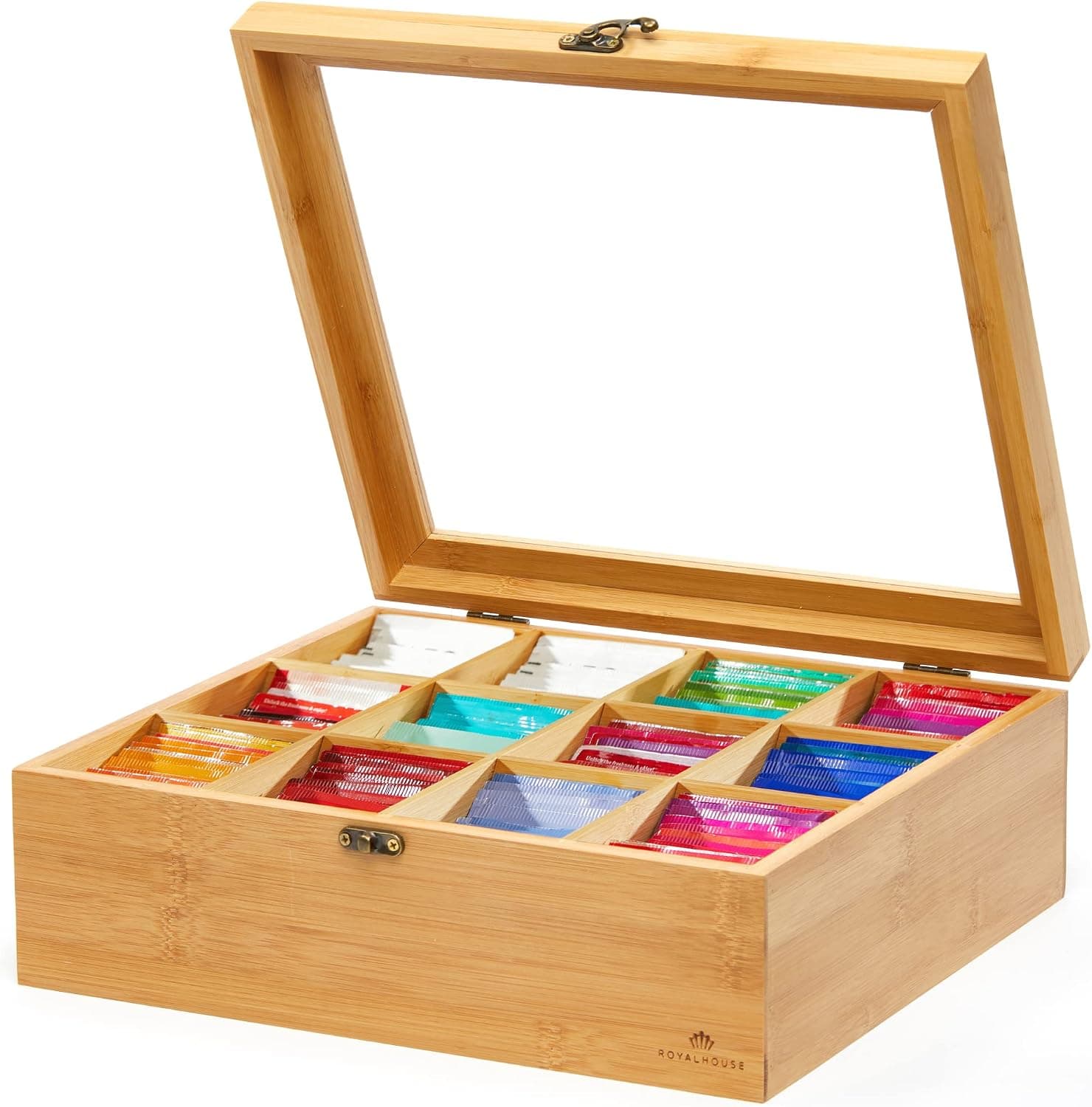 RoyalHouse Big Natural Bamboo Tea Storage Organizer with Clear Acrylic Top Window, 12 Compartments