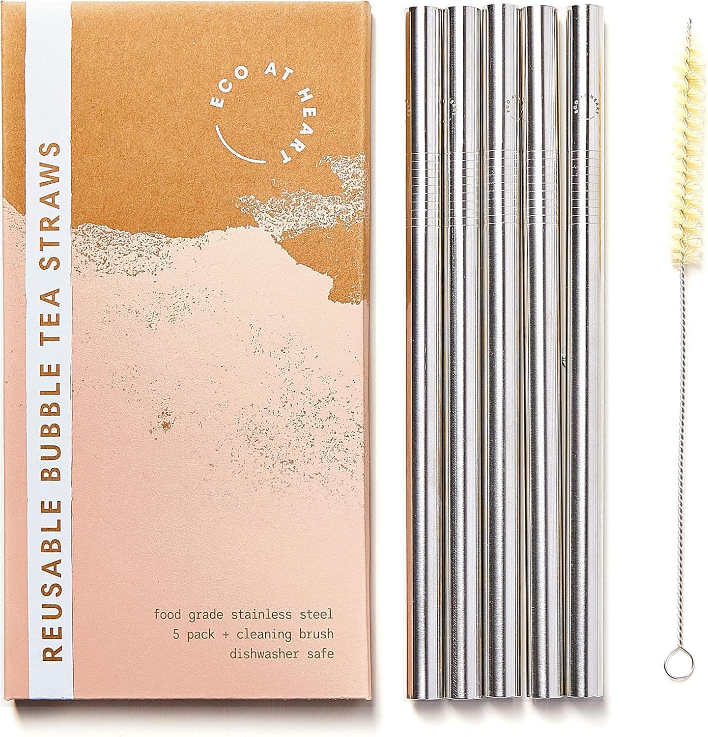 Eco at Heart Metal Boba Straws - Stainless Steel Reusable Bubble Tea Straws, 8.5in x 0.5in with Brush