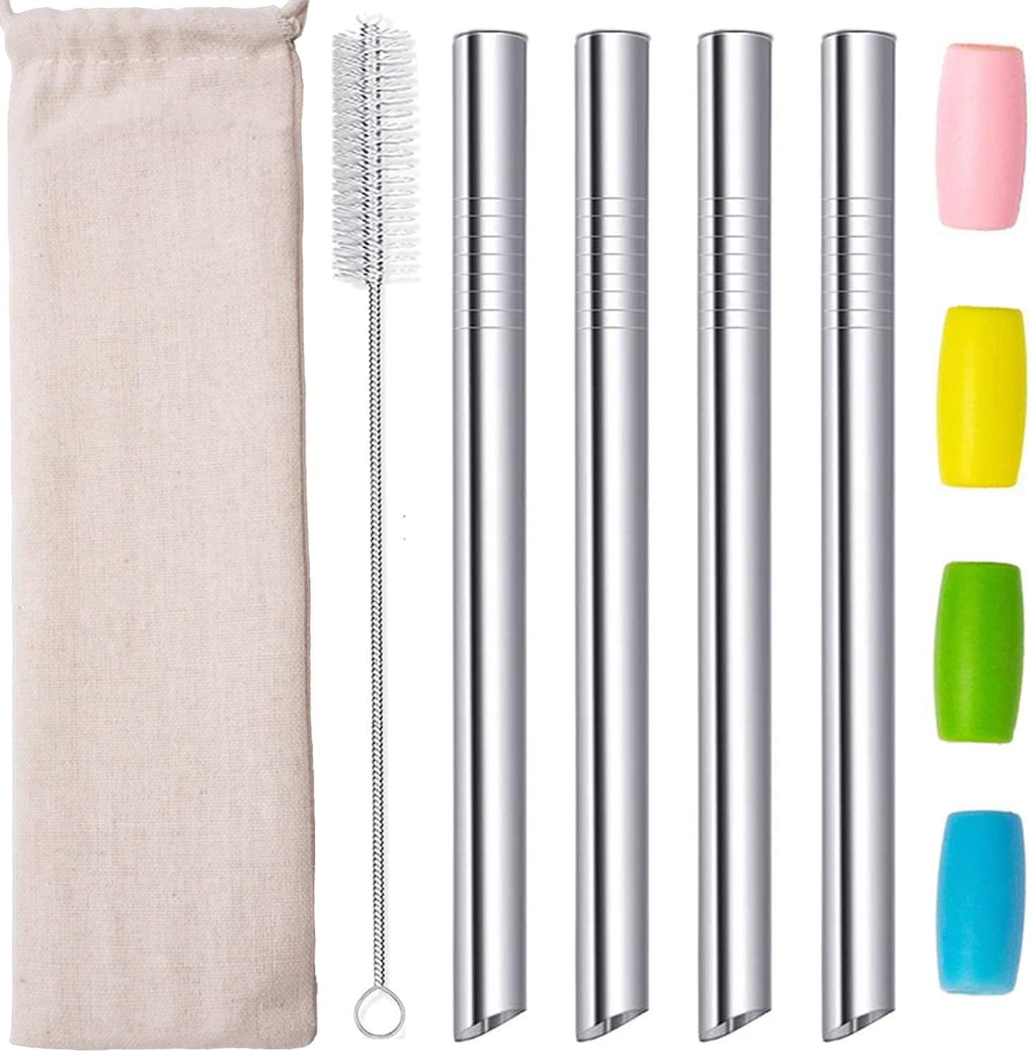 Boba Straws, Reusable Metal Bubble Tea Straws with Silicone Tips, Carry Bag & Brush, 12mm 0.5" Wide, Silver 4 Pack