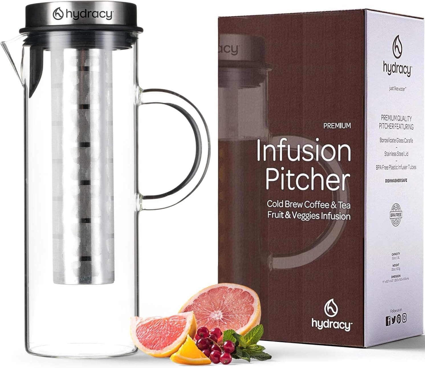 Cold Brew Coffee Maker - Large Glass Infusion Pitcher 1.6 Quarts 52oz with Stainless Steel Lid & Fruit Infusion Tube