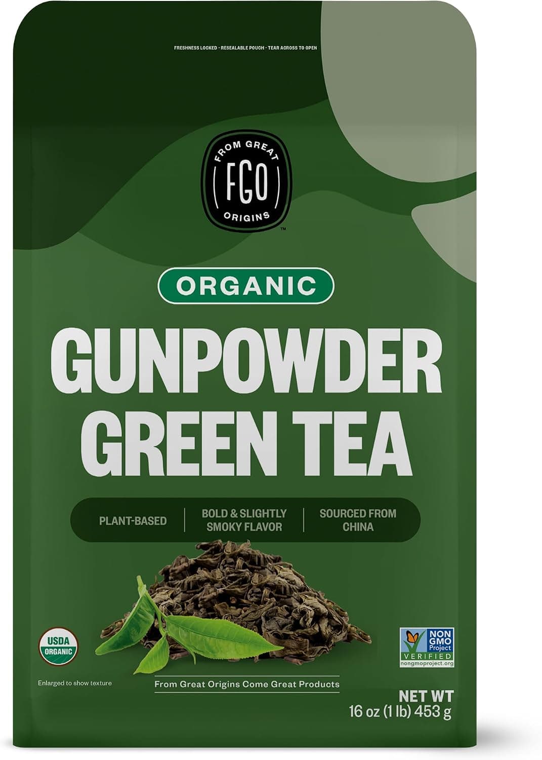 FGO Organic Gunpowder Green Tea, Loose Leaf, 453g Bulk Resealable Bag