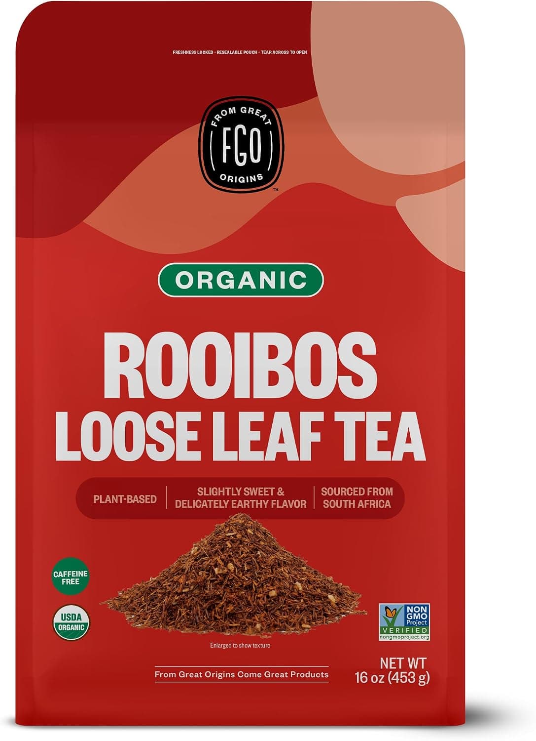FGO Organic Rooibos Tea, 16 Ounce Loose Leaf Bulk Resealable Bag, Caffeine Free