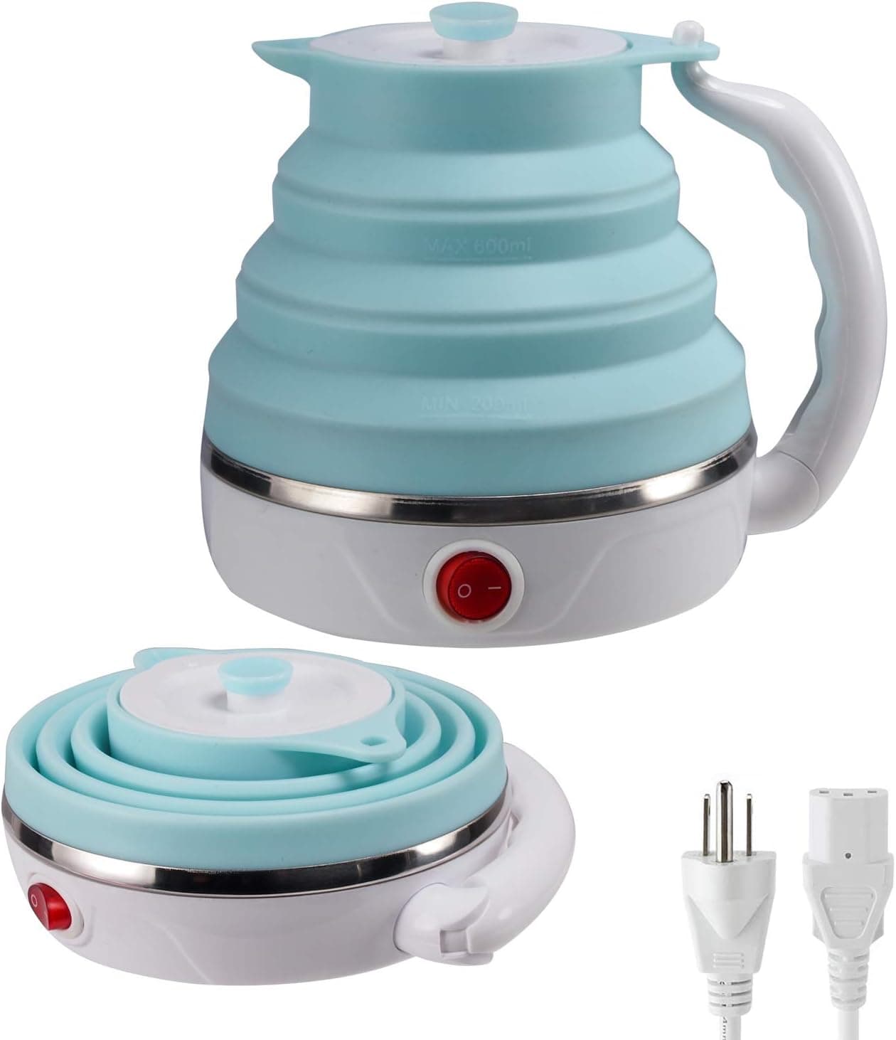 Travel Foldable Electric Kettle, Collapsible Food Grade Silicone Small Pot, Dual Voltage 600ml 110-220V US Plug (Blue)