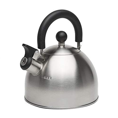 Primula Stewart Whistling Tea Kettle for Stovetop, Stainless Steel Stove Top Kettle with Fast Boil Whistling Spout and Cool Touch Folding Handle, 1.5-Quart, Brushed Silver with Black Handle