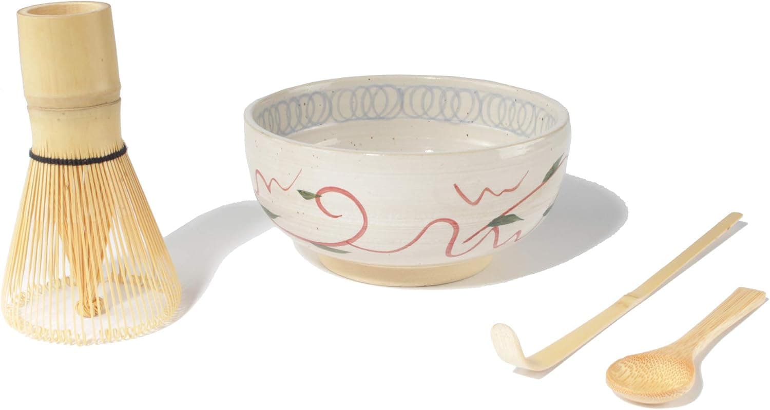 BambooMN Matcha Whisk Starter Kit - Chawan Matcha Bowl, Tea Whisk, Chashaku and Small Spoon