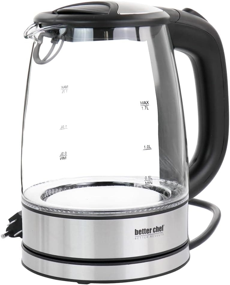 Better Chef Cordless Electric Glass Kettle, 7-Cup Borosilicate Glass, Stainless Steel, LED Light, 360-deg Swivel Base, Auto Boil-Dry Shut-Off