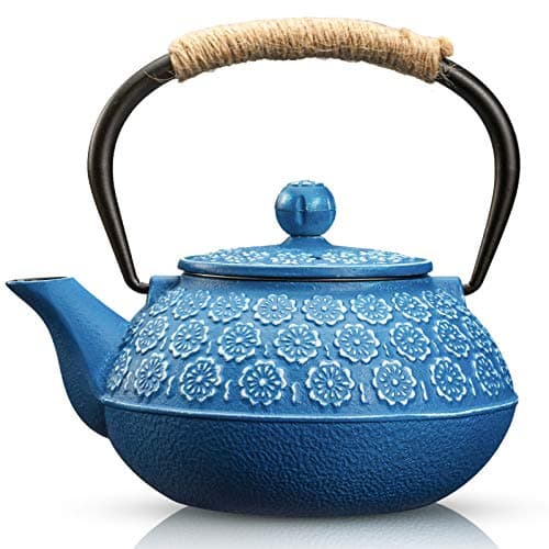 Sotya Cast Iron Tea Pot with Infusers for Loose Tea, 30oz Japanese Tetsubin | 900ml Tea Kettle Coated with Enameled Interior for Stove Top, Cherry Blossom Design, Dark Blue