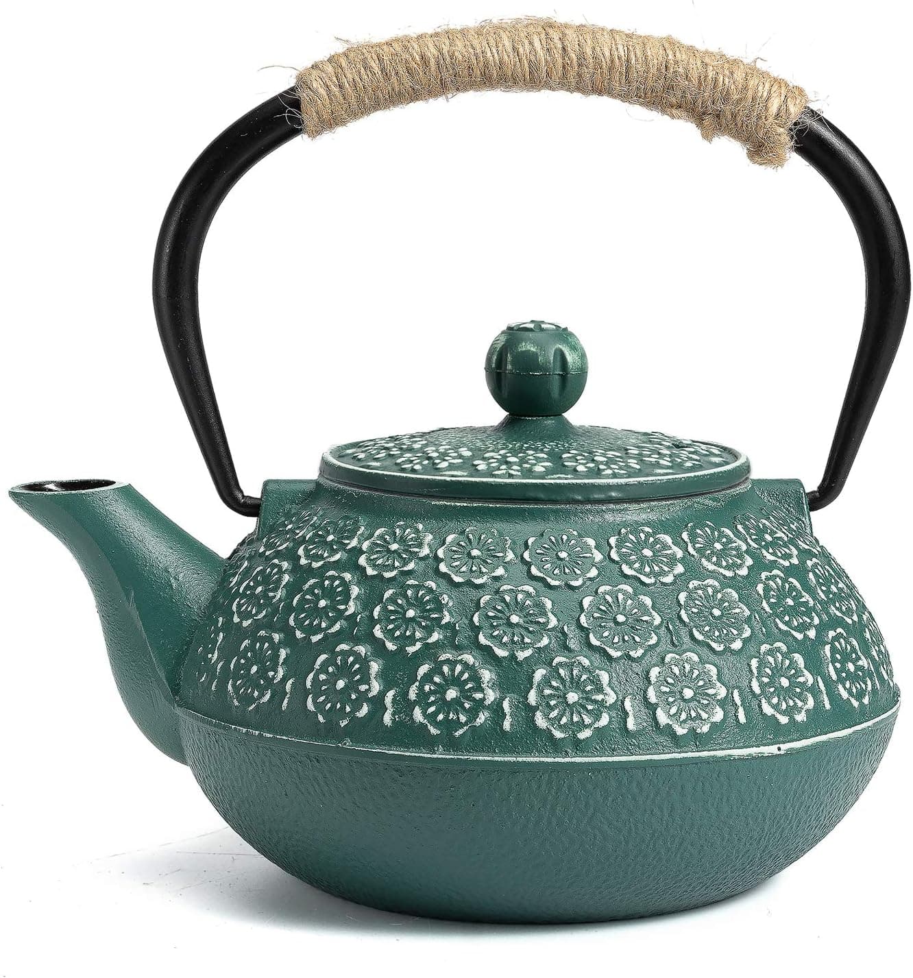 Sotya Cast Iron Teapot 30oz Japanese Tetsubin with Infuser, Enameled Interior, Dark Green