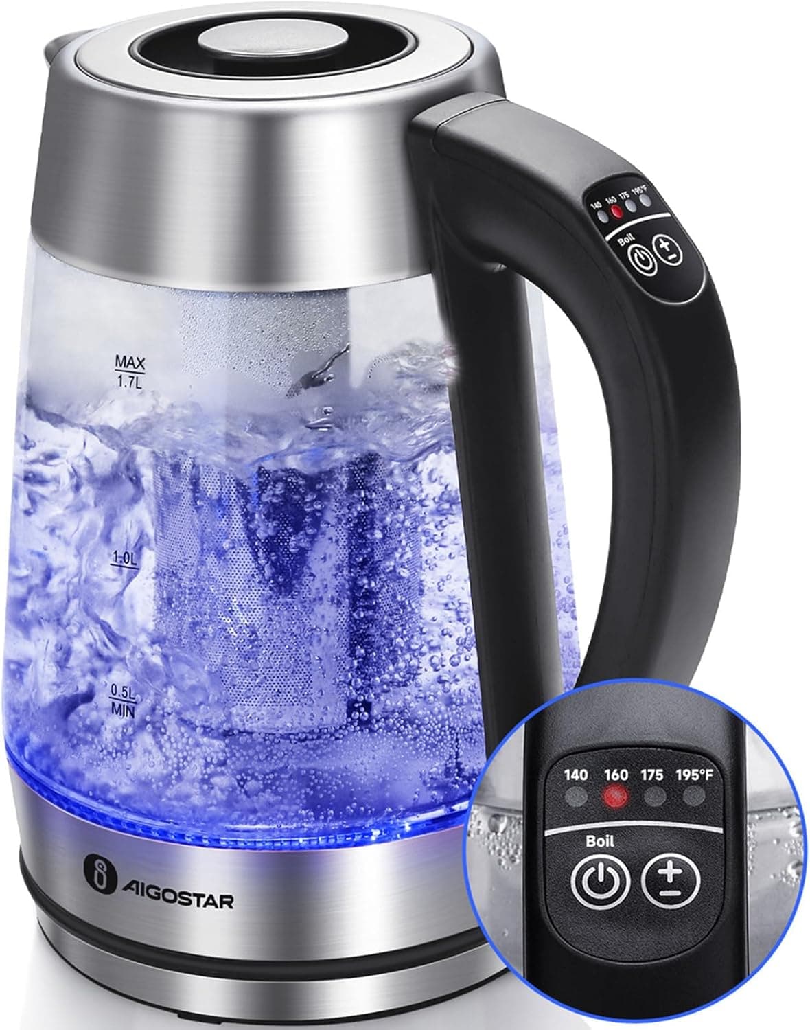 Aigostar Electric Kettle with Temperature Control and Tea Infuser, 1500W, 1.7L