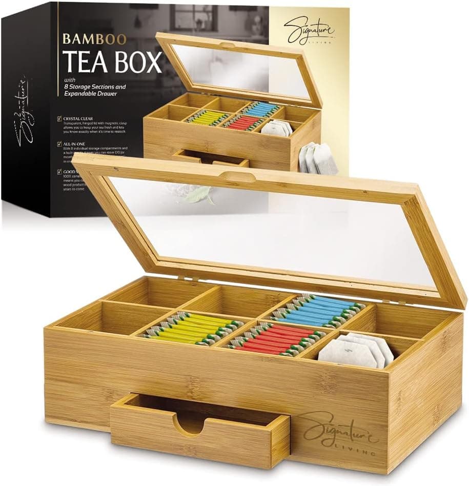 Signature Living Bamboo Wooden Tea Box Organizer Storage with Drawer (8 Compartments)