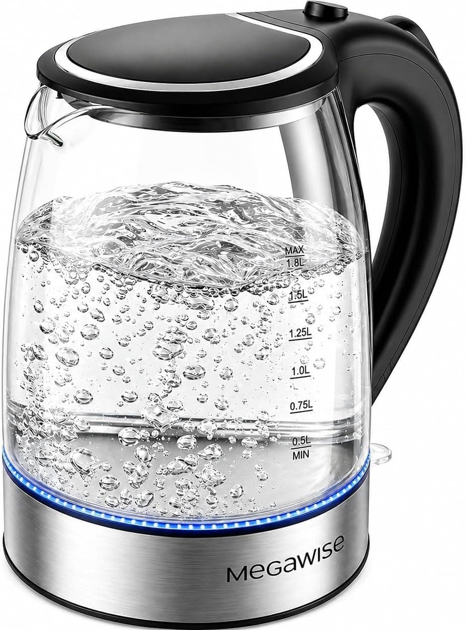 MegaWise Electric Glass Kettle with Auto Shut-Off and Boil-Dry Protection, Borosilicate Glass, 1.8L