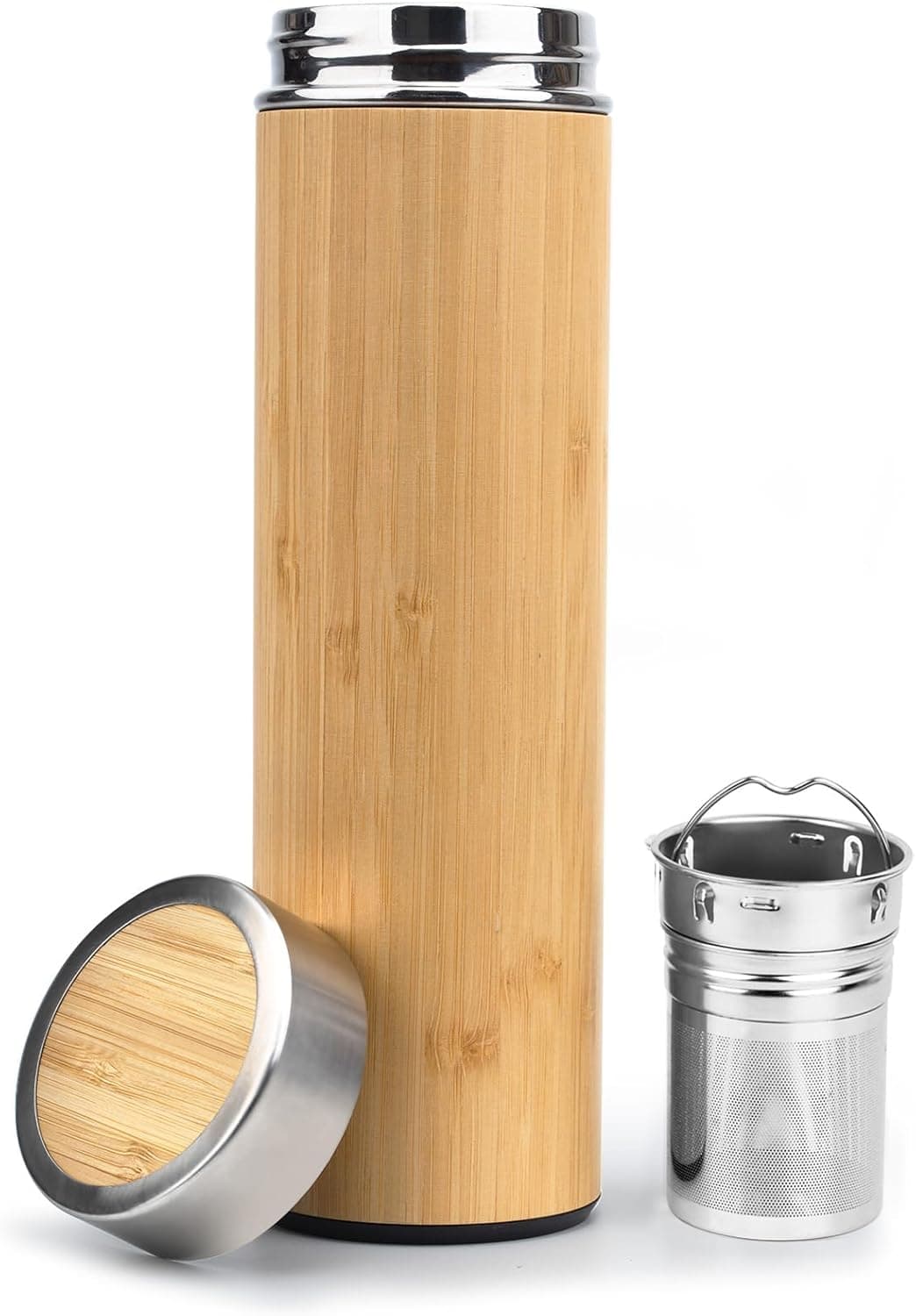 D&X Bamboo Tea Tumbler, Vacuum Insulated Stainless Steel Travel Tea Mug with Infuser, 17oz/500ml