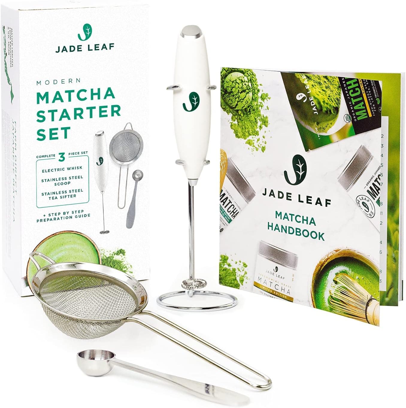 Jade Leaf Matcha Modern Starter Gift Set with Electric Matcha Whisk + Milk Frother, Spoon, Sifter, Handbook