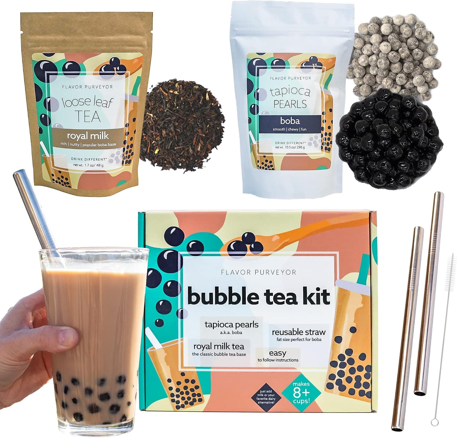 Flavor Purveyor Bubble Tea Kit, DIY Boba Tea Kit with Tapioca Boba Pearls, Royal Milk Loose Tea & Reusable Straws