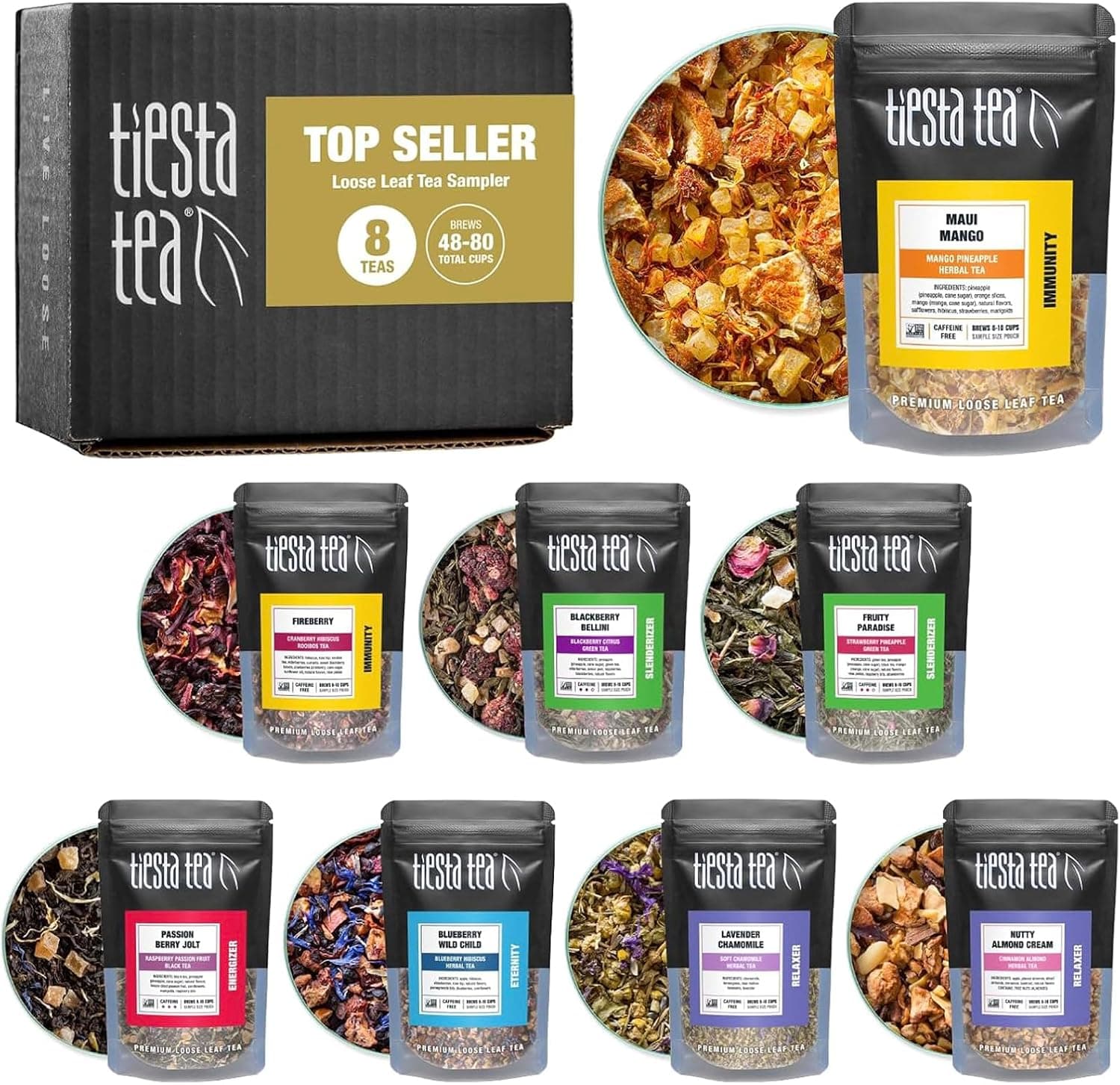 Tiesta Tea Top 8 Favorites Sampler Set, Loose Leaf, Up to 80 Cups, 8 Sample Pouches